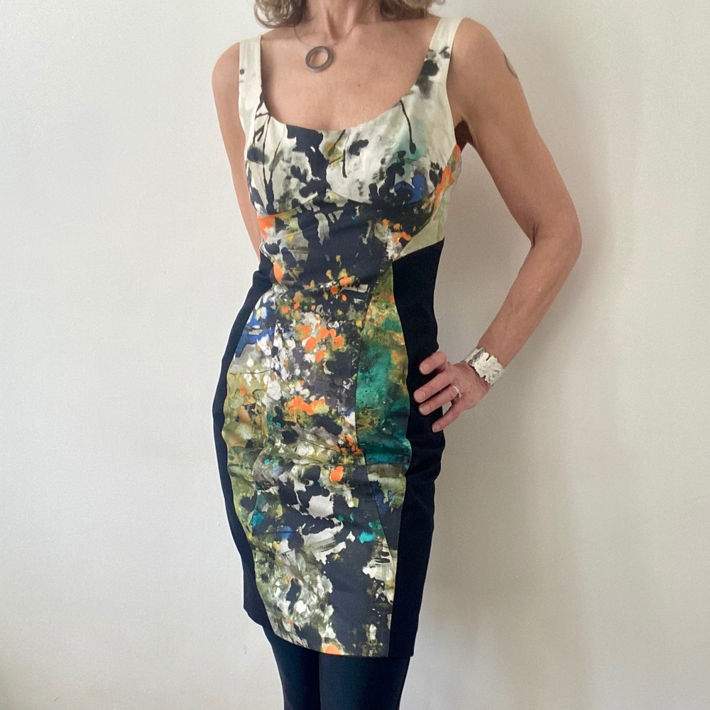 Black Halo - Mini Sheath Dress in Monet Abstract Watercolour